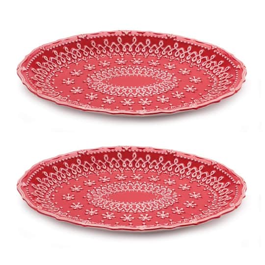 Melrose 12" Red & White Embossed Ceramic Snowflake Platters, 2ct.